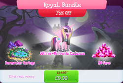 Size: 1268x854 | Tagged: safe, gameloft, princess cadance, alicorn, pony, g4, idw, bundle, bush, chains, costs real money, crown, ear piercing, english, evil cadance, eyeshadow, female, gem, horn, idw showified, jewelry, lilypad, lock, makeup, mare, mirror universe, necklace, numbers, piercing, regalia, royal bundle, sale, solo, solo focus, spread wings, text, tree, water, wings