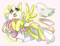 Size: 3470x2665 | Tagged: safe, artist:rico_chan, fluttershy, ghost, pegasus, pony, g4, clothes, costume, cute, flying, ghost costume, halloween, halloween costume, happy, high res, huevember, open mouth, open smile, shyabetes, sketch, smiling, solo