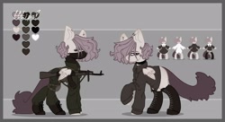 Size: 2560x1388 | Tagged: safe, artist:tttips!, derpibooru exclusive, oc, oc only, oc:tttips!, pegasus, pony, ak-47, assault rifle, boots, choker, clothes, ear piercing, female, garter, gun, long tail, maid, maid headdress, mare, palette, pegasus oc, piercing, pink hair, reference sheet, rifle, shirt, shoes, simple background, tail, uniform, weapon, white shirt