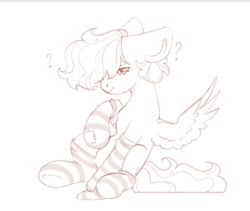 Size: 663x560 | Tagged: safe, artist:tttips!, derpibooru exclusive, oc, oc only, pegasus, pony, clothes, low quality, monochrome, patch, pegasus oc, question mark, short hair, simple background, socks, solo, spread wings, striped socks, white background, wings