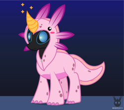 Size: 1237x1098 | Tagged: safe, artist:wheatley r.h., derpibooru exclusive, oc, oc only, oc:w. rhinestone eyes, axolotl, changeling, honeypot changeling, blue changeling, changeling oc, clothes, costume, gradient background, horn, male, simple background, single panel, solo, stallion, vector, watermark