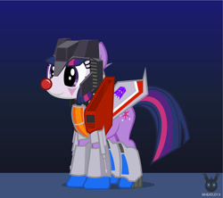 Size: 1237x1098 | Tagged: safe, artist:wheatley r.h., derpibooru exclusive, oc, oc only, oc:twi clown, pony, unicorn, bowtie, clone, clothes, clown makeup, costume, female, gradient background, mare, simple background, single panel, solo, starscream, transformers, unicorn oc, vector, watermark