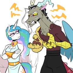 Size: 952x945 | Tagged: safe, artist:redxbacon, discord, princess celestia, alicorn, draconequus, anthro, g4, alternate design, boob window, bracer, breasts, celestia is not amused, chest fluff, cleavage, clothes, crossed arms, discord is not amused, dress, duo, ethereal mane, eye contact, eyeshadow, frown, frustrated, gritted teeth, looking at each other, looking at someone, makeup, narrowed eyes, partial nudity, peytral, side slit, simple background, sleeveless, sparkles, teeth, topless, total sideslit, unamused, white background