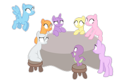 Size: 2704x1836 | Tagged: safe, artist:existencecosmos188, applejack, fluttershy, pinkie pie, rainbow dash, rarity, spike, starlight glimmer, twilight sparkle, oc, oc only, alicorn, dragon, pegasus, pony, g4, eyelashes, female, flying, group, male, mare, pegasus oc, simple background, stool, transparent background, twilight sparkle (alicorn)