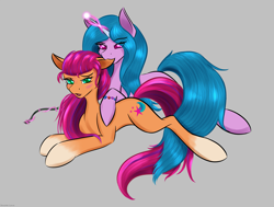 Size: 2555x1930 | Tagged: safe, artist:renarde-louve, izzy moonbow, sunny starscout, earth pony, pony, unicorn, g5, biting, ear bite, female, lesbian, mare, ship:moonscout, shipping