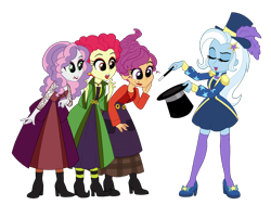 Size: 1430x1080 | Tagged: safe, artist:toxiccolour, apple bloom, scootaloo, sweetie belle, trixie, human, equestria girls, g4, alternate hairstyle, belt, boots, clothes, coat, commission, cosplay, costume, cutie mark crusaders, disney, dress, eyes closed, eyeshadow, female, halloween, halloween costume, hat, high heel boots, high heels, hocus pocus (film), holiday, lipstick, magic wand, magician, magician outfit, makeup, mary sanderson, older, older apple bloom, older cmc, older scootaloo, older sweetie belle, open mouth, sanderson sisters, sarah sanderson, shirt, shoes, simple background, skirt, socks, stockings, striped socks, thigh highs, top hat, transparent background, winifred sanderson, witch, witch costume, zettai ryouiki