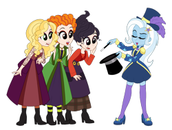 Size: 1430x1080 | Tagged: safe, alternate version, artist:toxiccolour, trixie, human, equestria girls, g4, belt, boots, clothes, coat, commission, costume, disney, dress, eyes closed, eyeshadow, female, halloween, halloween costume, hat, high heel boots, high heels, hocus pocus (film), holiday, lipstick, magic wand, magician, magician outfit, makeup, mary sanderson, open mouth, sanderson sisters, sarah sanderson, shirt, shoes, siblings, simple background, sisters, skirt, socks, stockings, striped socks, thigh highs, top hat, transparent background, winifred sanderson, witch