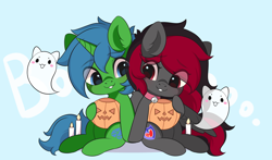 Size: 3000x1767 | Tagged: safe, artist:yomechka, oc, oc only, ghost, pegasus, pony, undead, unicorn, chibi, choker, commission, duo, eye clipping through hair, horn, pegasus oc, pumpkin bucket, sitting, smiling, unicorn oc, ych result