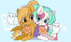 Size: 3000x1767 | Tagged: safe, artist:yomechka, oc, oc only, ghost, pegasus, pony, undead, unicorn, blush sticker, blushing, candle, chibi, commission, duo, eye clipping through hair, horn, pegasus oc, pumpkin bucket, sitting, smiling, unicorn oc, ych result