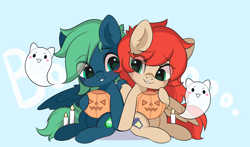 Size: 3000x1767 | Tagged: safe, artist:yomechka, oc, oc only, ghost, pegasus, pony, undead, candle, chibi, commission, duo, eye clipping through hair, pegasus oc, pumpkin bucket, sitting, smiling, wings, ych result