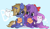 Size: 3000x1767 | Tagged: safe, artist:yomechka, oc, oc only, ghost, pegasus, pony, undead, unicorn, bow, candle, chibi, colored hooves, commission, duo, eye clipping through hair, glasses, hair bow, horn, pegasus oc, pumpkin bucket, sitting, smiling, unicorn oc, ych result