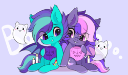 Size: 3000x1767 | Tagged: safe, artist:yomechka, oc, oc only, bat pony, ghost, pony, undead, bat pony oc, bat wings, candle, chibi, commission, duo, eye clipping through hair, pumpkin bucket, sitting, smiling, wings, ych result