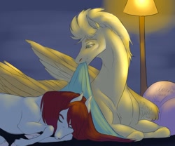 Size: 1280x1066 | Tagged: safe, artist:clouris, oc, oc only, pegasus, pony, blanket, duo, lamp, lying down, open mouth, pegasus oc, prone, sleeping, wings