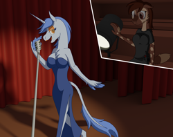 Size: 5730x4531 | Tagged: safe, artist:emc-blingds, oc, oc only, earth pony, unicorn, anthro, bedroom eyes, clothes, dress, duo, earth pony oc, female, horn, lipstick, microphone, singing, sitting, story included, unicorn oc