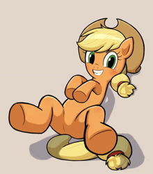 Size: 2618x2978 | Tagged: safe, artist:terzeebo, applejack, earth pony, pony, g4, butt, cute, eyelashes, featureless crotch, female, freckles, grin, hat, high res, jackabetes, looking at you, lying down, mare, on back, plot, simple background, smiling, solo, underhoof