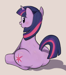 Size: 2800x3200 | Tagged: safe, artist:terzeebo, twilight sparkle, pony, unicorn, g4, butt, female, high res, looking at you, looking back, looking back at you, mare, open mouth, open smile, plot, simple background, sitting, smiling, solo, twibutt, unicorn twilight