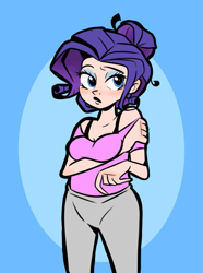 Size: 681x917 | Tagged: safe, artist:smirk, rarity, human, g4, arm under breasts, clothes, eyeshadow, female, hair bun, humanized, makeup, pants, solo, sweatpants