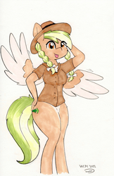 Size: 1639x2524 | Tagged: safe, artist:taurson, oc, oc only, oc:sylvia evergreen, pegasus, anthro, :p, bottomless, braid, braided pigtails, clothes, copic, female, freckles, hair tie, hat, mare, partial nudity, pegasus oc, pigtails, ranger, shirt, solo, tongue out, traditional art, uniform, wings