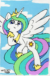 Size: 1159x1772 | Tagged: safe, artist:taurson, princess celestia, alicorn, pony, g4, acrylic painting, canvas, commission, flying, horn, jewelry, looking at you, regalia, sky, solo, traditional art, wings