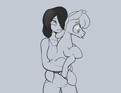 Size: 1120x862 | Tagged: safe, artist:storyteller, oc, oc:omelette, earth pony, human, pony, clothes, denim, female, holding, holding a pony, jeans, male, pants, smiling, stallion, tank top