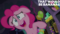 Size: 1280x720 | Tagged: safe, edit, edited screencap, editor:quoterific, screencap, pinkie pie, earth pony, pony, g4, secrets and pies, balloon, female, floppy ears, mare, open mouth, open smile, raised hoof, smiling, solo, wrapping paper