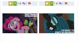 Size: 719x386 | Tagged: safe, edit, edited screencap, editor:quoterific, screencap, pinkie pie, queen chrysalis, changeling, changeling queen, earth pony, pony, derpibooru, frenemies (episode), g4, secrets and pies, female, juxtaposition, meta