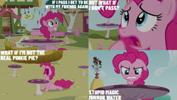 Size: 4400x2475 | Tagged: safe, edit, edited screencap, editor:quoterific, screencap, pinkie pie, g4, too many pinkie pies, floppy ears, mushroom table, solo