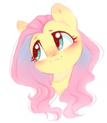 Size: 895x1027 | Tagged: safe, artist:melodylibris, fluttershy, pegasus, pony, g4, blushing, bust, cute, ear blush, female, head tilt, looking away, looking sideways, mare, portrait, shyabetes, simple background, smiling, solo, white background