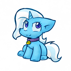 Size: 900x900 | Tagged: safe, artist:zutcha, trixie, pony, unicorn, g4, :3, cheek fluff, chest fluff, collar, cute, diatrixes, female, pet tag, pony pet, simple background, sitting, solo, white background