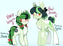 Size: 1505x1088 | Tagged: safe, artist:foxtrot3, artist:torridliner, oc, oc:badbreak, oc:hardknocks, earth pony, pony, bow, chest fluff, clover, curly hair, curly mane, cute, ears up, female, fluffy, fluffy mane, fluffy tail, green fur, hair bow, happy, mare, reference, reference sheet, sketch, smiling, spots, tail, tail bow, unlucky