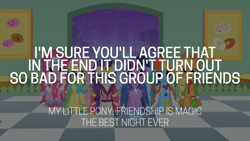 Size: 1920x1080 | Tagged: safe, edit, edited screencap, editor:quoterific, screencap, applejack, fluttershy, pinkie pie, rainbow dash, rarity, twilight sparkle, earth pony, pegasus, pony, unicorn, g4, the best night ever, applejack's hat, clothes, cowboy hat, dress, female, frown, gala dress, group, hat, mane six, mare, sad, scuff mark