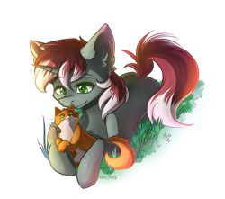 Size: 1619x1434 | Tagged: safe, artist:yuris, oc, oc only, oc:silver prose, cat, pegasus, pony, commission, ears up, grass, male, resting, simple background, smiling, solo, white background, ych result