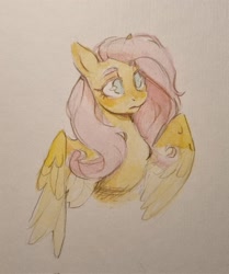 Size: 1711x2048 | Tagged: safe, artist:laymy, fluttershy, pegasus, pony, g4, bust, female, mare, no pupils, partially open wings, solo, three quarter view, traditional art, wings