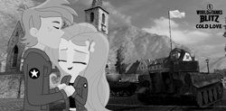 Size: 1094x540 | Tagged: safe, artist:dashdeviant, artist:edy_january, edit, vector edit, big macintosh, fluttershy, human, equestria girls, g4, black and white, clothes, eyes closed, female, forehead kiss, girls und panzer, grayscale, holding hands, hug, jacket, kissing, male, marine, marines, military, military uniform, monochrome, russia, saunders, ship:fluttermac, shipping, straight, t20, tank (vehicle), text, uniform, united states, usmc, vector