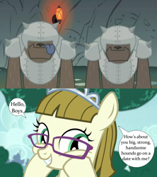 Size: 1393x1572 | Tagged: safe, edit, edited screencap, screencap, zippoorwhill, diamond dog, pegasus, pony, a dog and pony show, forever filly, g4, armor, diamond dog guard, duo, female, glasses, guard, hooves on cheeks, interspecies, jewelry, male, shipping, shipping domino, smiling, speech bubble, straight, tiara, tongue out, unnamed character, unnamed diamond dog