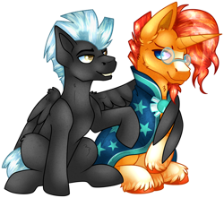 Size: 1656x1462 | Tagged: safe, artist:chvrchgrim, sunburst, thunderlane, pegasus, pony, unicorn, g4, clothes, duo, gay, glasses, hug, looking at each other, looking at someone, male, raised hoof, robe, shipping, simple background, sitting, stallion, thunderburst, transparent background, unshorn fetlocks, winghug, wings, wizard