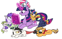 Size: 1156x728 | Tagged: safe, artist:daniarts19, artist:doggie31, twilight sparkle, oc, oc:anthea, oc:cotton candy, oc:crystal clarity, oc:golden delicious, oc:prince illusion, oc:prism bolt, oc:starburst, oc:turquoise blitz, alicorn, dracony, hybrid, pony, kilalaverse, g4, adopted offspring, biting, book, colored, colt, female, filly, foal, interspecies offspring, levitation, lying down, magic, male, mare, offspring, parent:applejack, parent:caramel, parent:discord, parent:flash sentry, parent:fluttershy, parent:pinkie pie, parent:pokey pierce, parent:princess celestia, parent:rainbow dash, parent:rarity, parent:soarin', parent:spike, parent:twilight sparkle, parents:carajack, parents:dislestia, parents:flashlight, parents:pokeypie, parents:soarindash, parents:sparity, pony hat, prone, simple background, tail, tail bite, telekinesis, transparent background, twilight sparkle (alicorn)