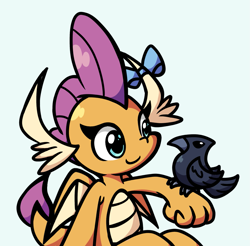 Size: 1293x1274 | Tagged: safe, artist:derp pone, smolder, bird, dragon, raven (bird), g4, bow, cute, dragoness, female, looking at each other, looking at someone, pet, simple background, sitting, smiling, smolderbetes