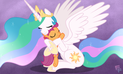 Size: 1804x1080 | Tagged: safe, artist:ponykittenboi, princess celestia, scootaloo, alicorn, pegasus, pony, g4, abstract background, cute, cutealoo, daaaaaaaaaaaw, duo, duo female, ethereal mane, eyes closed, female, filly, foal, gradient background, horn, hug, jewelry, mare, momlestia, regalia, scootalove, shadow, signature, sitting, smiling, spread wings, the cmc's cutie marks, wings