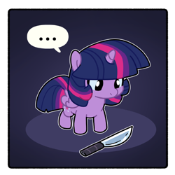 Size: 600x600 | Tagged: safe, artist:talimingi, twilight sparkle, alicorn, pony, g4, ..., bad pony, cute, female, knife, looking at something, looking down, mare, smol, solo, speech bubble, stubby legs, this will end in pain, twilight sparkle (alicorn)