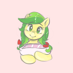Size: 1005x1005 | Tagged: safe, artist:smirk, apple fritter, earth pony, pony, g4, apple family member, bow, colored sketch, cute, female, fritterbetes, hair bow, hug, looking at you, mare, pigtails, pillow, pillow hug, simple background, sketch, smiling, solo