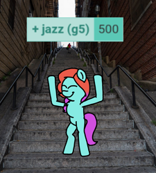 Size: 1275x1414 | Tagged: safe, artist:professorventurer, jazz hooves, earth pony, pony, g5, 500, bipedal, derpimilestone, irl, joker (2019), photo, ponies in real life, stairs, the exorcist