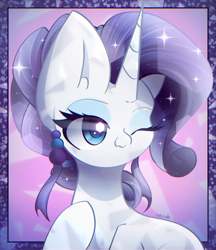 Size: 1900x2200 | Tagged: safe, artist:miryelis, rarity, crystal pony, pony, unicorn, the crystal empire 10th anniversary, g4, big ears, crystal rarity, crystallized, cute, eyelashes, hair, horn, impossibly large ears, jewelry, one eye closed, signature, simple background, smiling, solo, sparkles
