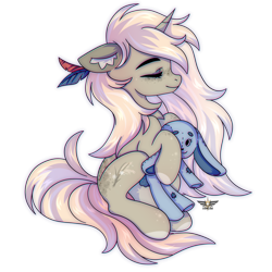 Size: 2500x2500 | Tagged: safe, artist:stesha, oc, oc only, oc:arisu yukita, pony, unicorn, eyes closed, feather, feather in hair, female, floppy ears, full body, high res, hoof hold, horn, mare, pink mane, pink tail, plushie, simple background, sitting, smiling, solo, tail, trade, transparent background, unicorn oc