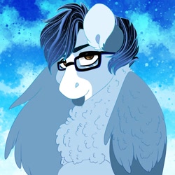 Size: 2000x2000 | Tagged: safe, artist:inisealga, oc, oc only, oc:soaring spirit, pegasus, pony, :p, abstract background, accessory, chest fluff, coat markings, ear fluff, facial markings, folded wings, glasses, high res, looking at you, male, markings, multicolored hair, multicolored mane, pegasus oc, solo, stallion, tongue out, wing fluff, wings