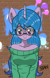 Size: 1288x2013 | Tagged: safe, artist:banquo0, izzy moonbow, unicorn, anthro, g5, bare shoulders, breasts, brick wall, busty izzy moonbow, clothes, female, glasses, graffiti, off shoulder, off shoulder sweater, paint, round glasses, smiling, solo, sweater