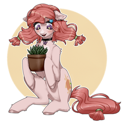 Size: 1500x1500 | Tagged: safe, alternate version, artist:muakki07, oc, oc only, earth pony, pony, abstract background, blushing, earth pony oc, hairpin, plant, simple background, sitting, solo, white background