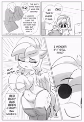 Size: 2811x4096 | Tagged: safe, artist:pabbley, derpy hooves, pegasus, pony, g4, belly button, bipedal, black and white, chubby, clothes, cute, derpabetes, eyes closed, female, grayscale, implied weight gain, jacket, japanese reading order, legs together, mare, monochrome, my divorced crybaby neighbour, panties, shirt, skirt, solo, underwear, wide hips