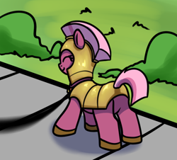 Size: 748x676 | Tagged: safe, artist:neuro, earth pony, pony, butt, collar, cute, eyes closed, female, guardsmare, leash, mare, offscreen character, pet play, plot, pony pet, pov, royal guard, sidewalk, smiling, solo
