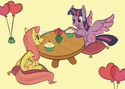 Size: 2048x1463 | Tagged: safe, artist:flightless-fox, fluttershy, twilight sparkle, alicorn, pony, g4, balloon, cherry, cushion, date, eating, female, flower, food, heart, heart balloon, hearts and hooves day, herbivore, ice cream, lesbian, looking at each other, looking at someone, open mouth, pillow, rose, ship:twishy, shipping, simple background, sitting, smiling, spread wings, table, twilight sparkle (alicorn), vase, wings